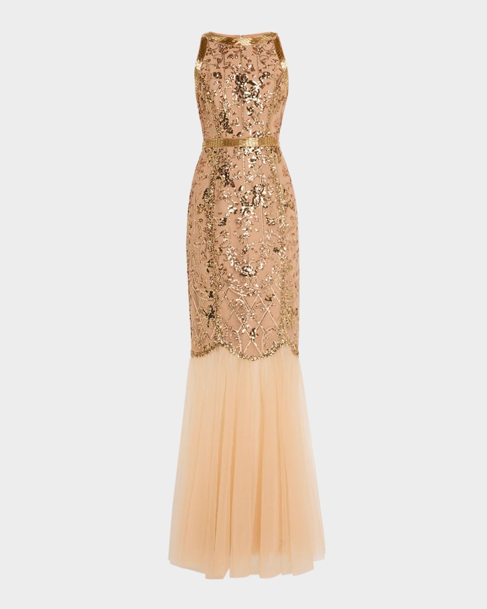 Sleeveless Bead & Sequin Column Gown